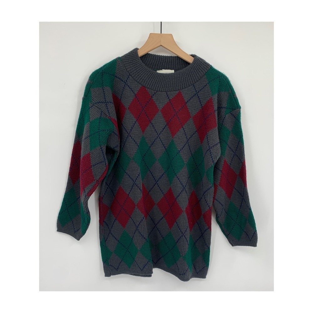 Vintage Croquet Club Sweater Mens Medium Gray Argyle Knit 90s Crosby Made USA